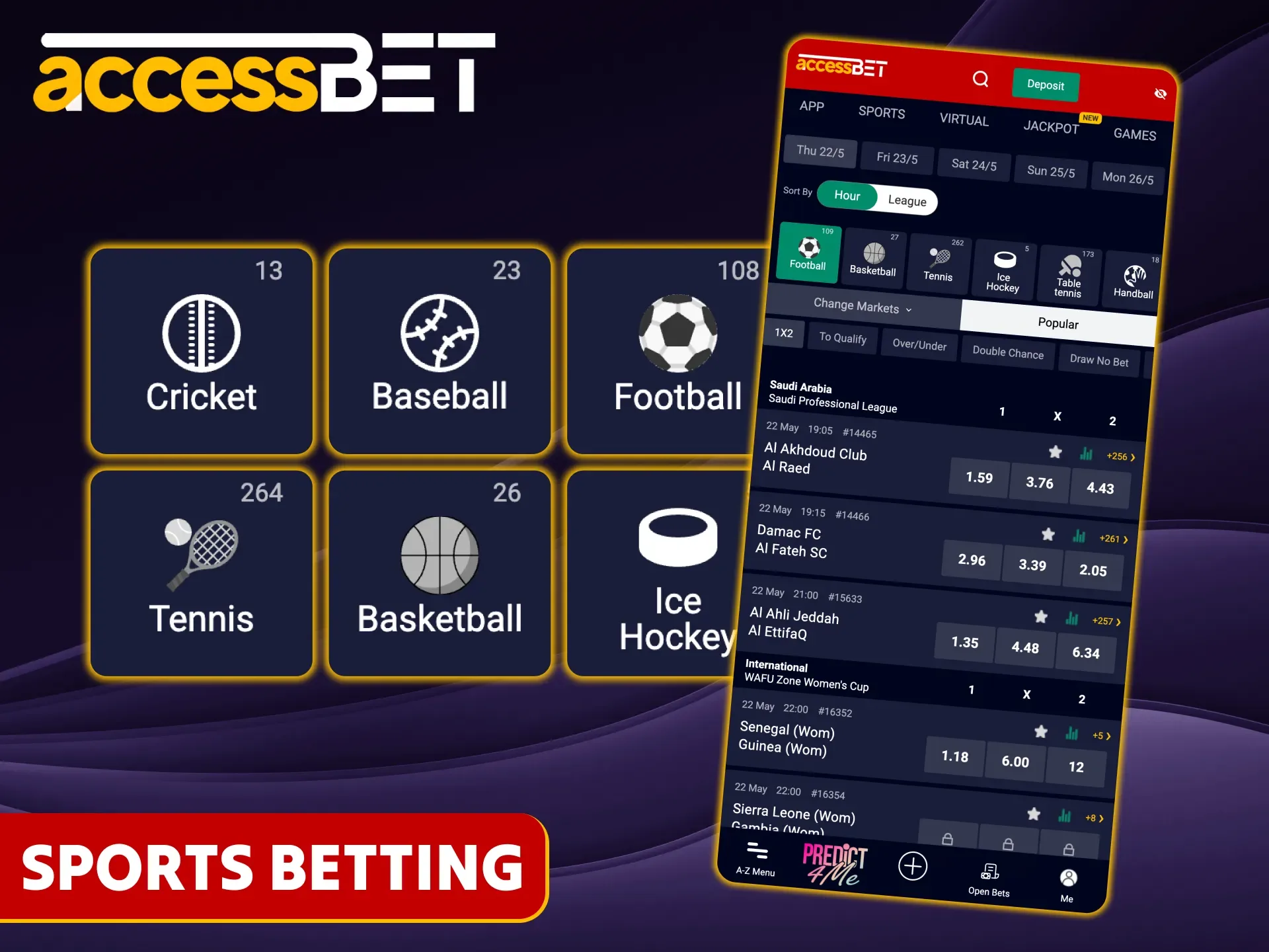 Place bets on sports using the convenient Accessbet app.