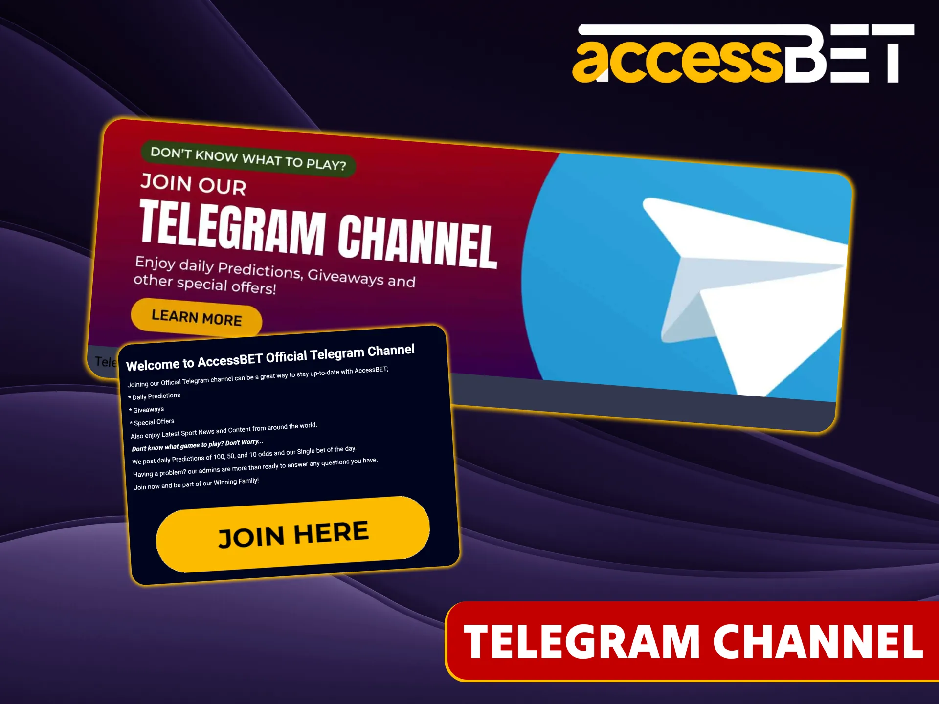Join the Accessbet channel on Telegram and receive rewards.