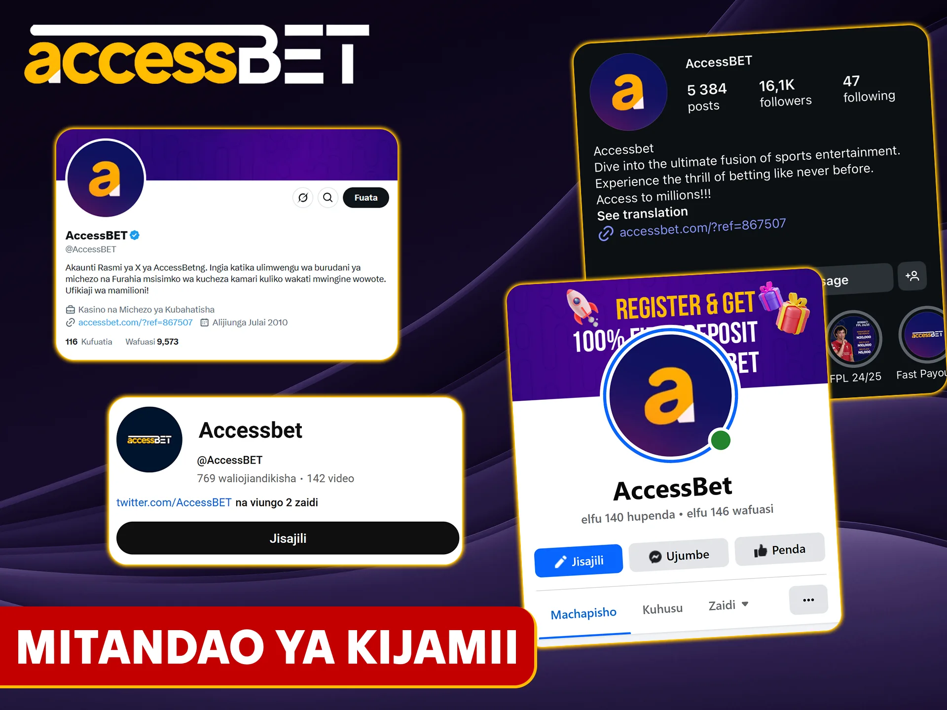 Fuata Accessbet kwenye mitandao ya kijamii na upate usaidizi.