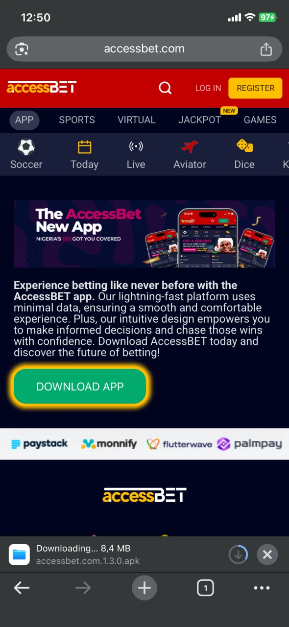 Tembelea tovuti ya Accessbet ili kupakua programu ya Android.