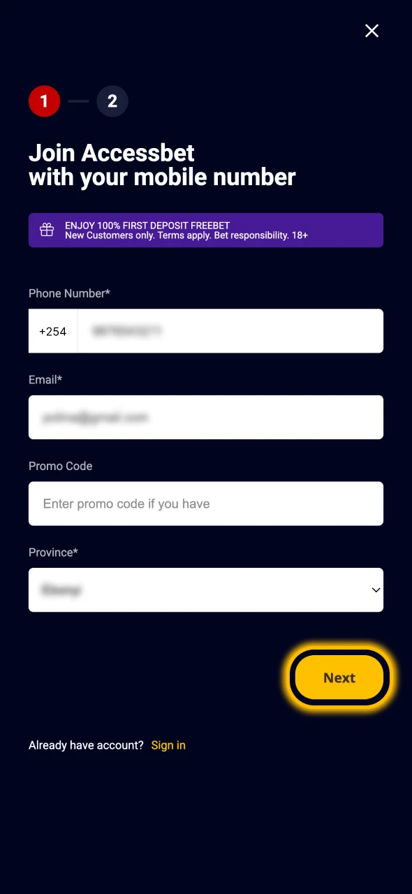 Jaza fomu ya usajili kwenye tovuti ya Accessbet.